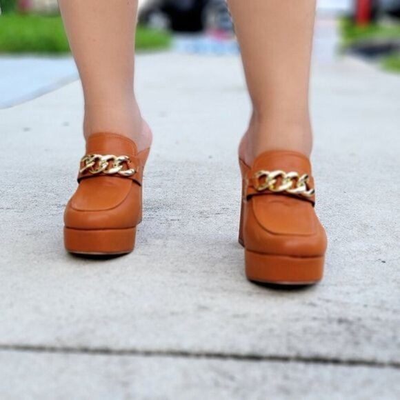 Women Platform Heeled Mule Open Loafers Tan Color - Picture 5 of 5